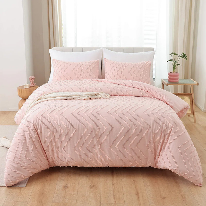 Pink Queen Size Soft Lightweight Comforter Set 3Pcs, Boho Farmhouse Vertical Tufted Blush Bedding Set for All Seasons, for Bedroom and Guest Room