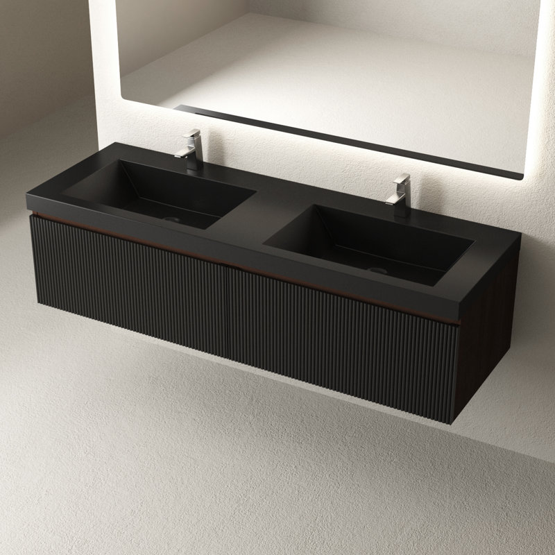 Meuble-lavabo double flottant 60 po avec lavabo, armoire murale pré-assemblée avec deux lavabos en résine et deux tiroirs à fermeture en douceur, noir
