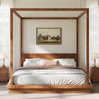 Très grand lit plateforme à très grand lit en bois massif avec tête de lit, cadre de lit en bois au fini naturel pour chambre à coucher, design classique durable, brun
