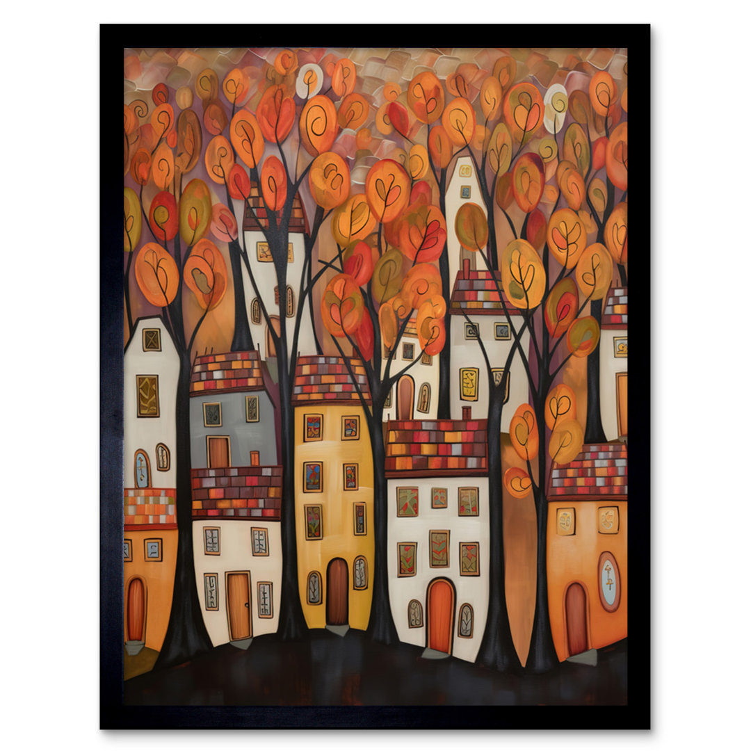 Cityscape With Trees In Autumn Contemporary Folk Art Painting Artwork Framed Wall Art Print 9X7 Inch