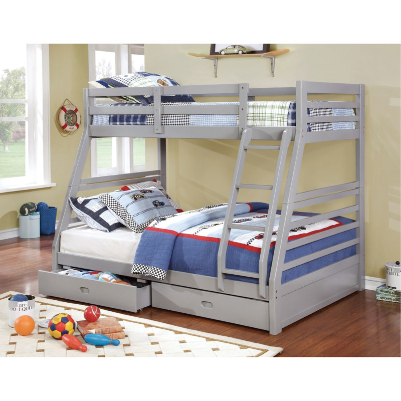 Lit superposé simple au-dessus d'un lit double moderne en bois massif gris transitionnel avec deux grands tiroirs pour le rangement