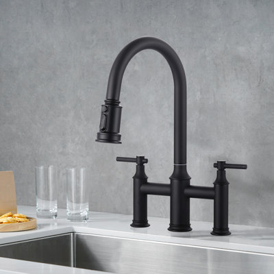 3 Holes 8 Inch Centerset Bridge Kitchen Faucet With Pull Down Sprayer