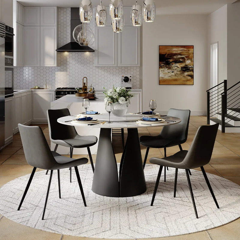 Suzzie Modern Sintered Stone Round Dining Table for 4-6 with Pedestal Base and Lazy Susan, 47"+23.6", Black, Glossy White