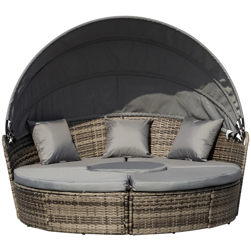 4-piece Convertible Rattan Patio Set With Adjustable Canopy Daybed & Sectional Sofa, Modular Wicker Outdoor Furniture With Plush Cushions, Round Daybed Lounger For Garden, Poolside, Patio – Mocha Brown