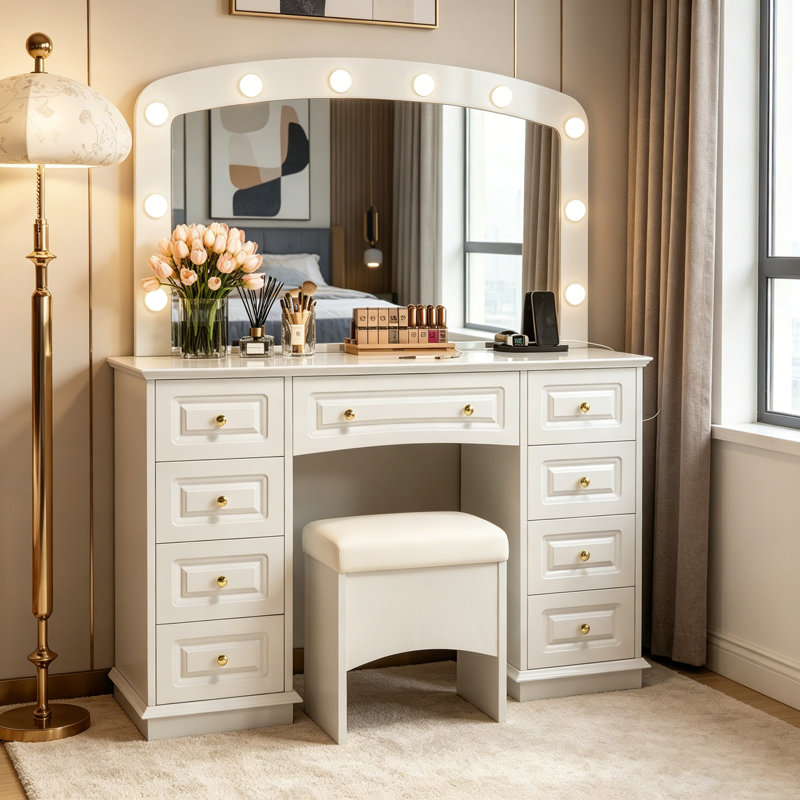 Meuble-lavabo luxueux avec 10 ampoules Hollywood, 3 modes d'éclairage couleur et 9 tiroirs de rangement pour la chambre à coucher