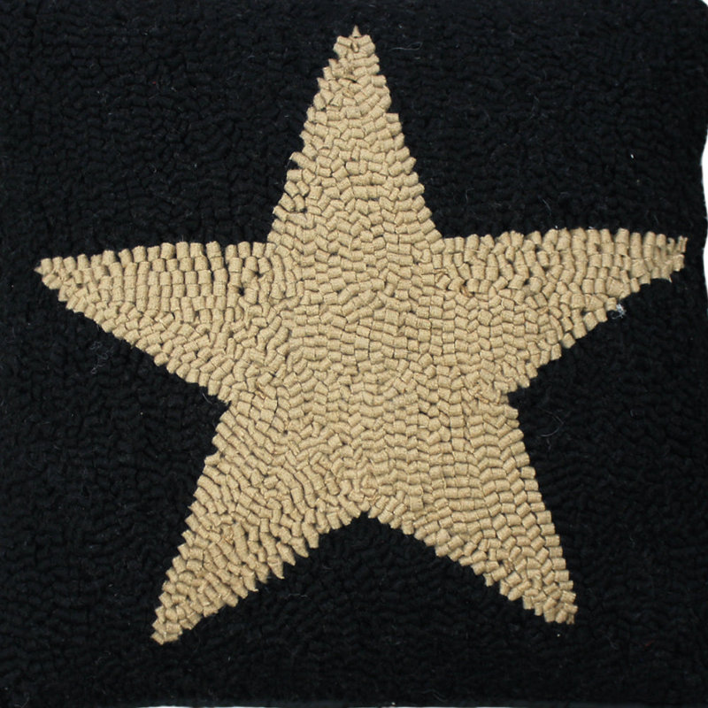Black and Tan Hooked Wool Star Pillow Cover 14" x 14"