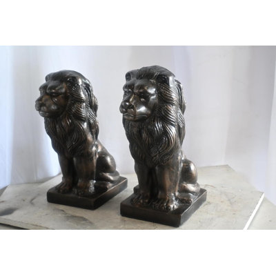 Pair of Aluminum Sitting Lion Statues Bronze Finish 19In 17"x12"x19"H