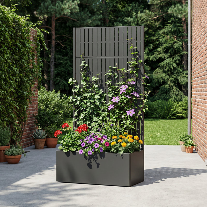 Metal Planter Box with Trellis without Wheels, black