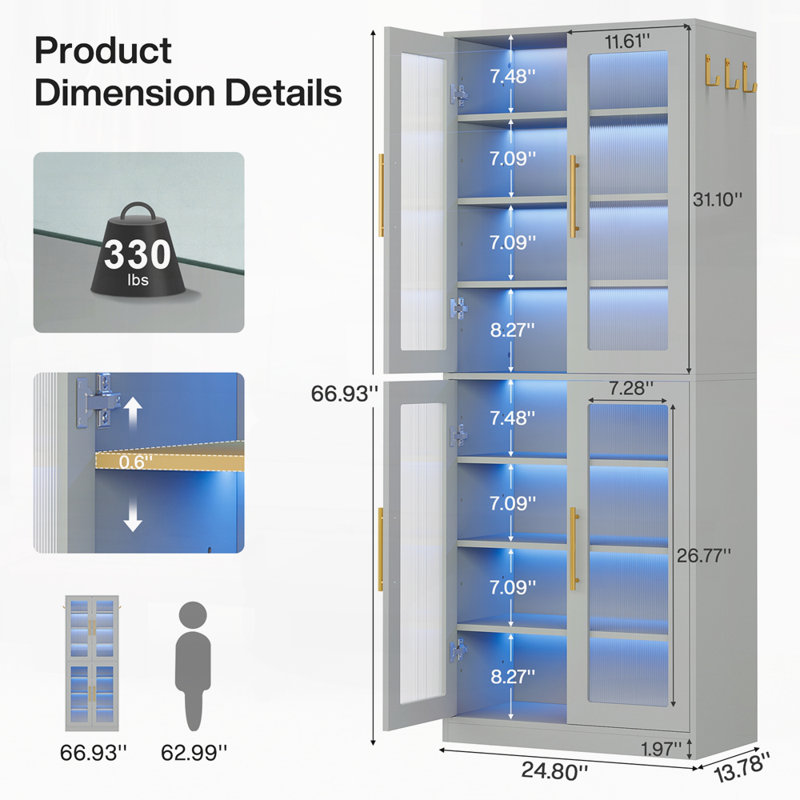 Armoire de rangement de 67 po de hauteur avec portes, DEL et 8 tablettes réglables pour le salon, Gris