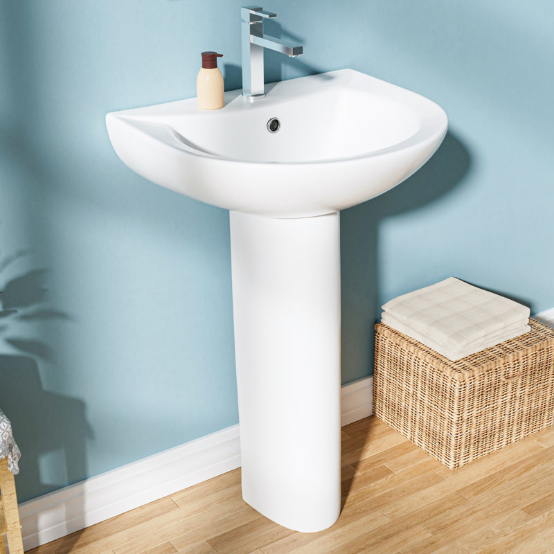 Lavabo sur pied en porcelaine vitrifiée en forme de U l 20 po x P 17 po, 1 trou de robinet et trop-plein, blanc, Blanc lustré