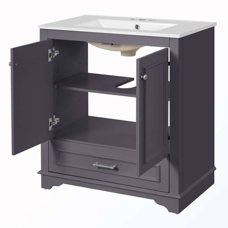 Meuble-lavabo de salle de bain avec lavabo en céramique et 2 grandes portes à fermeture douce, Grey