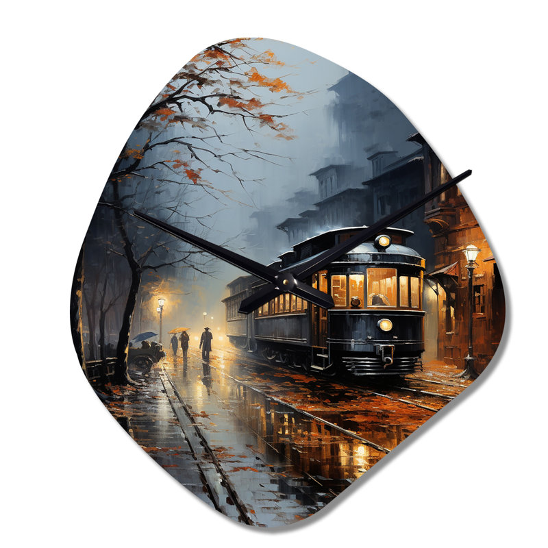 Horloge murale de forme unique en métal Lantz Train Misty Morning Pointillism I - Train, Grand