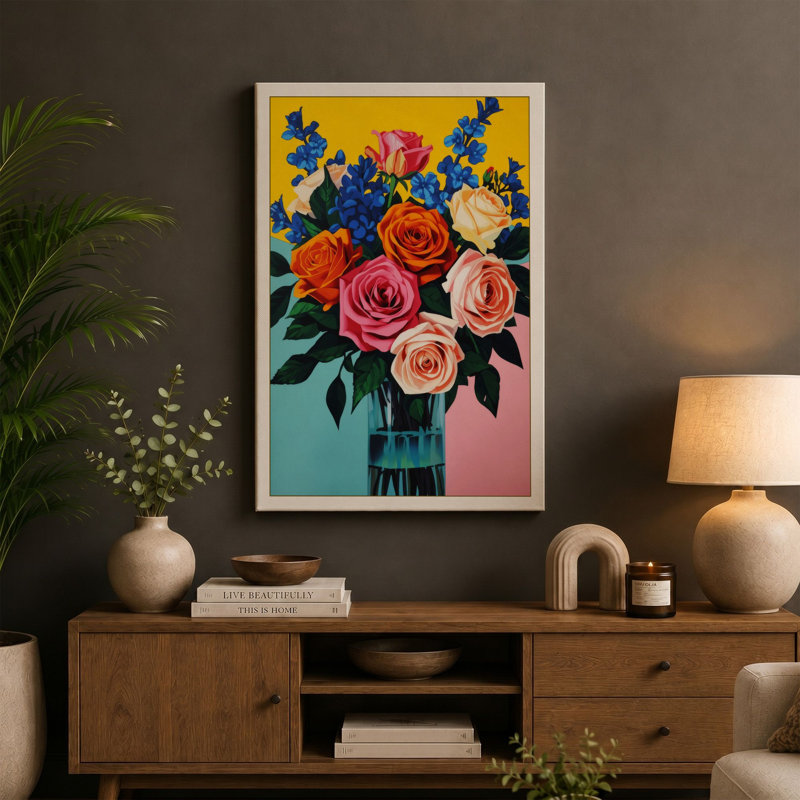 Vibrant Floral Arrangement Botanical - Wrapped Canvas, 36x24 - 91.4 x 61.0 cm, Ochre Border