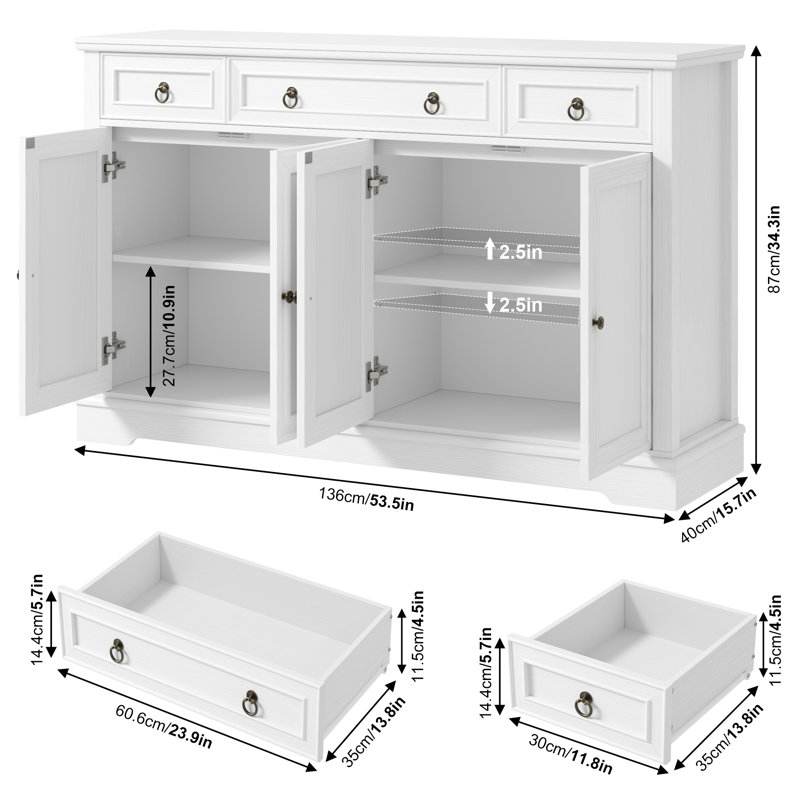 Broadview 54" Sideboard Buffet with Drawers, Dining Cabinet with Adjustable Shelf, White