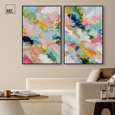 Gold Accents Set Canvas Print Modern Abstract Art Set by Art Remedy, Silver Frame, 36 x 54