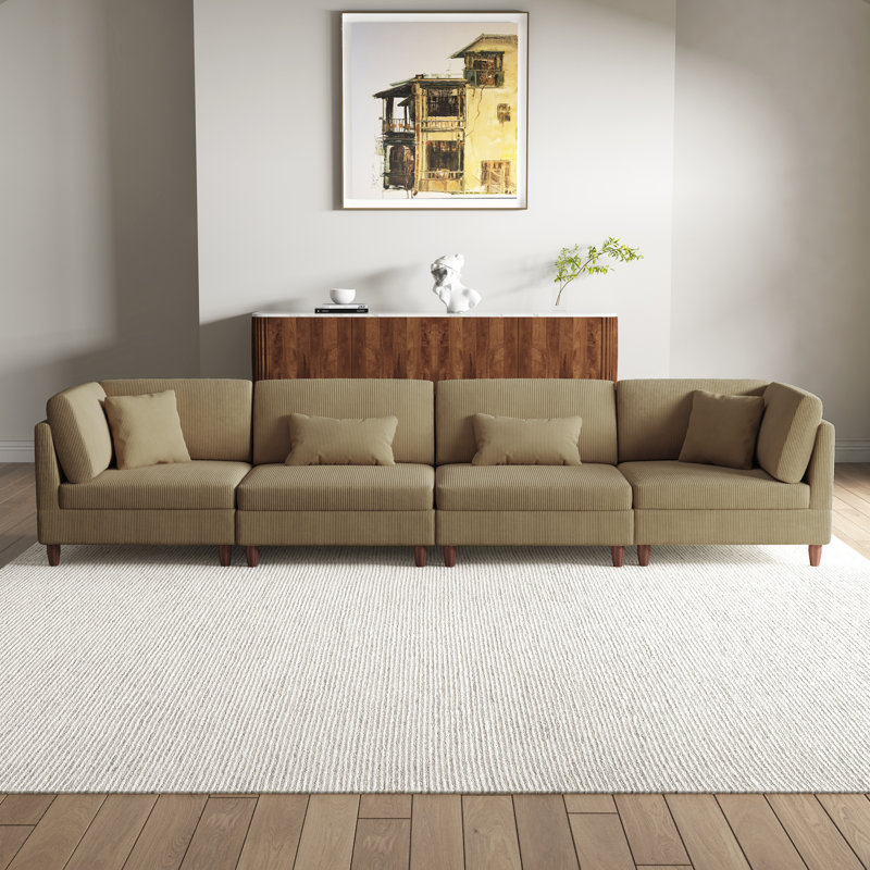 4 - Piece Upholstered Corduroy Modular Sectional with Pillow Back and Solid Wood Legs, Camel Corduroy