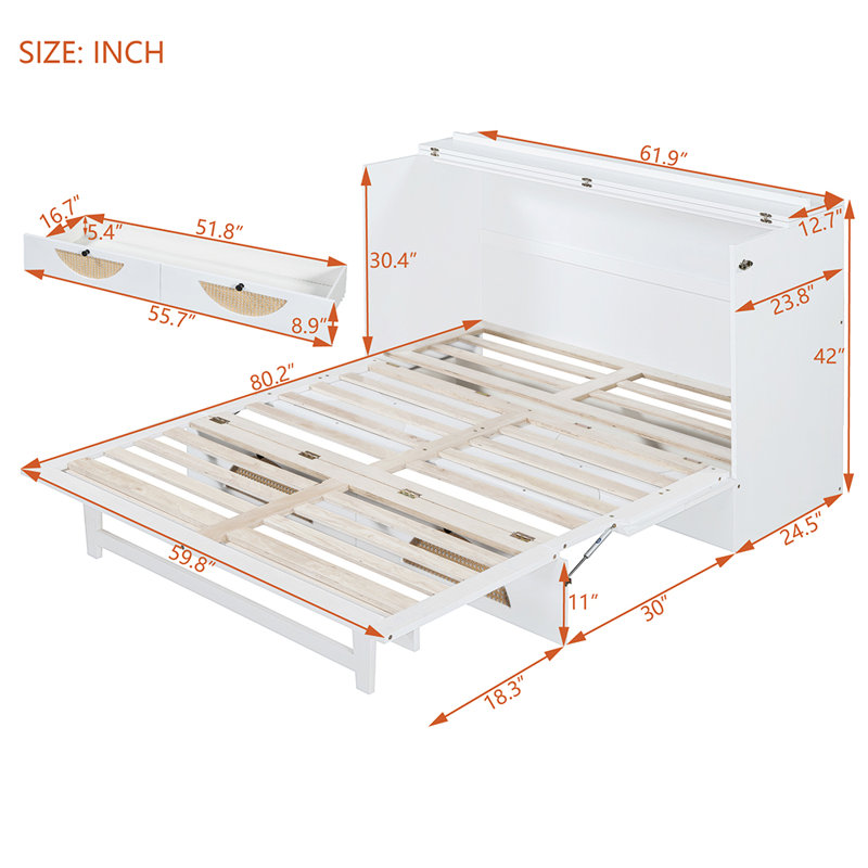 White Queen Murphy Bed with Rattan Drawer and USB Ports