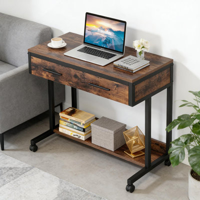 Table de bureau, bureau compact avec roues, bureau d'écriture à hauteur réglable, table basse mobile