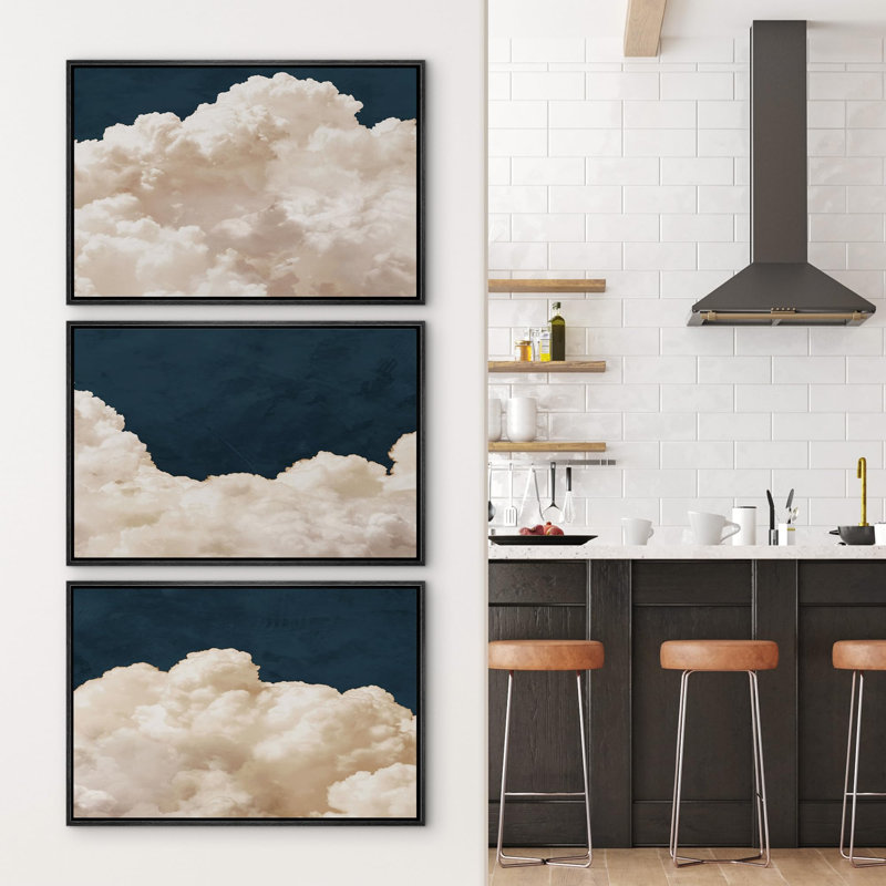Illustration de nuages duveteux - 3 pièces, Cadre noir, H 16 po x l 24 po