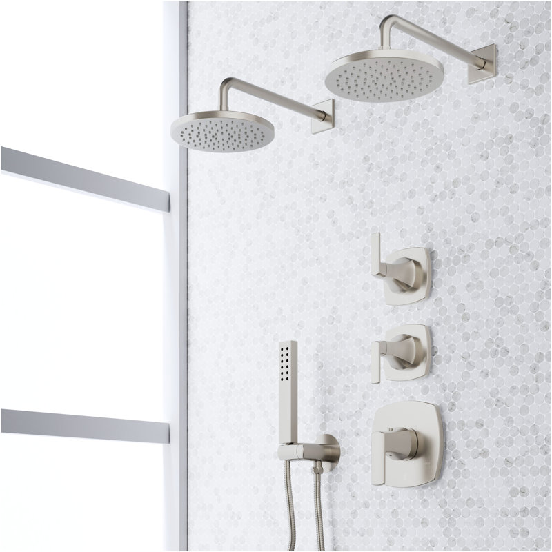 Sefina Thermostatic Shower System with Dual Showerheads and Hand Shower - Brushed Nickel, Brushed Nickel