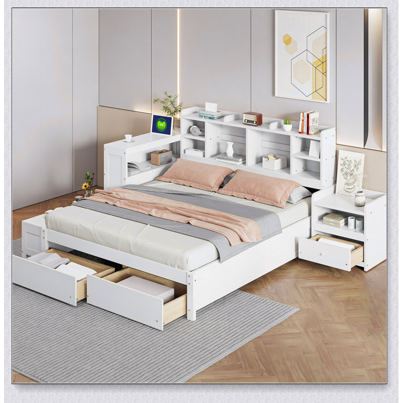 Lit plateforme double en bois avec espace de rangement multifonctionnel, table de chevet, 2 tiroirs, ports USB et bureau
