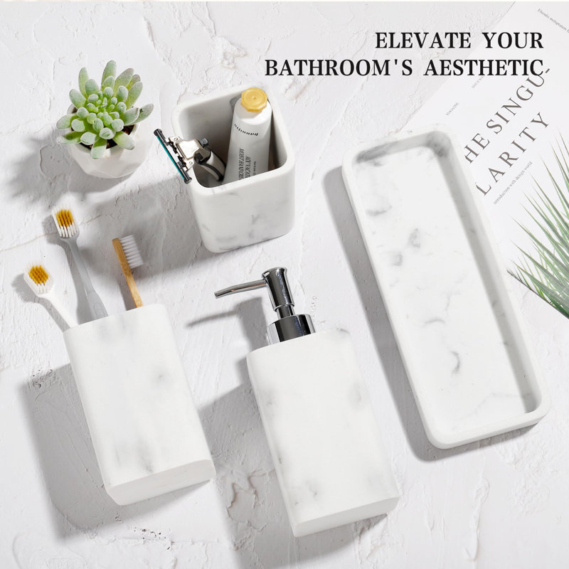 Ensemble d'accessoires de salle de bain, ensemble d'accessoires de salle de bain 4 pièces, distributeur de savon, porte-brosse à dents, ensemble de support Cotton Swab, ensembles de salle de bain complets, ensemble de lavabo pour décor moderne, blanc