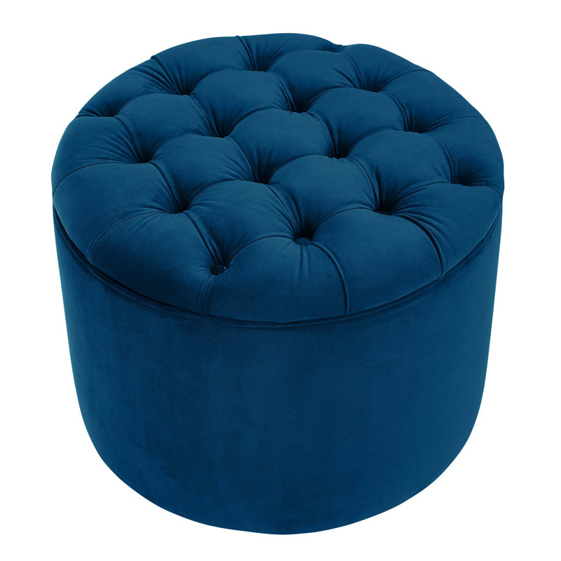 53.3cm Wide Velvet Tufted Round Solid Colour Standard Ottoman with Storage, Navy