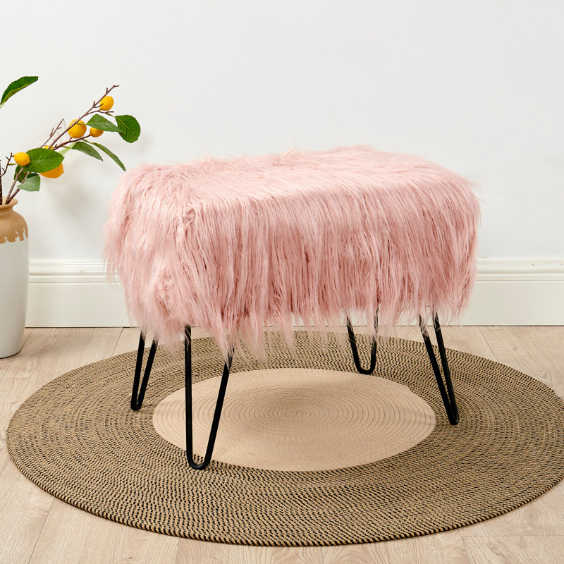 Keilia Upholstered Ottoman, Coral Pink Faux Fur