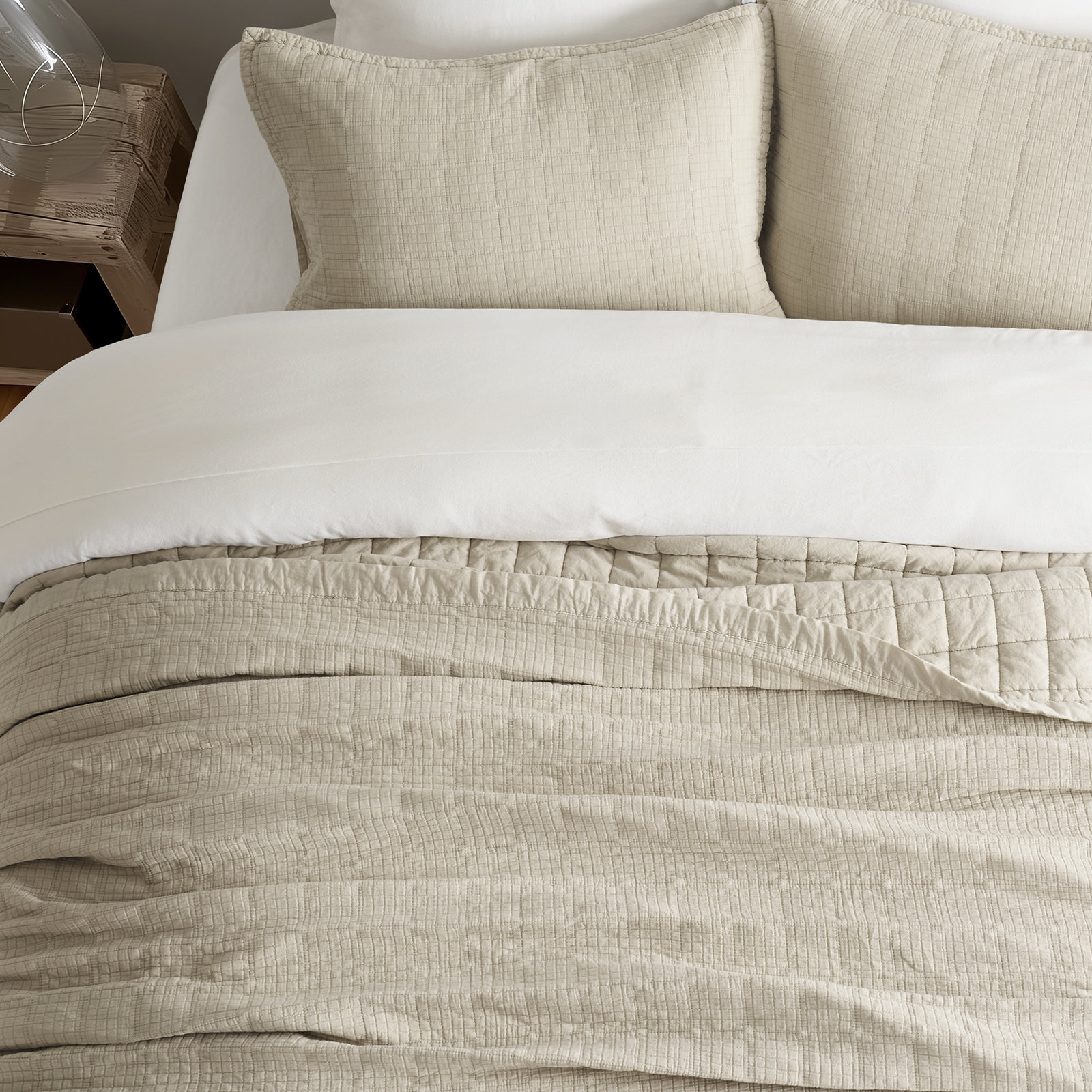 Stonewashed Crinkle Cotton Box Stitch Quilt Set, Flax Beige, Queen Quilt + 2 Queen Shams