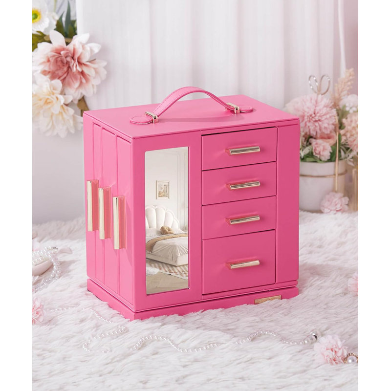 Organisateur de boîte à bijoux 360 ° avec fenêtre transparente, miroir et 7 tiroirs, Rose, Rose