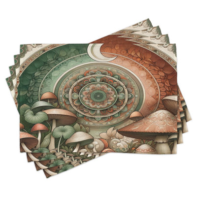 Ambesonne Mandala Place Mats Set of 4 Fantasy World Ethno Floral Standard Fern Green Dark Salmon -  ser_sd1490