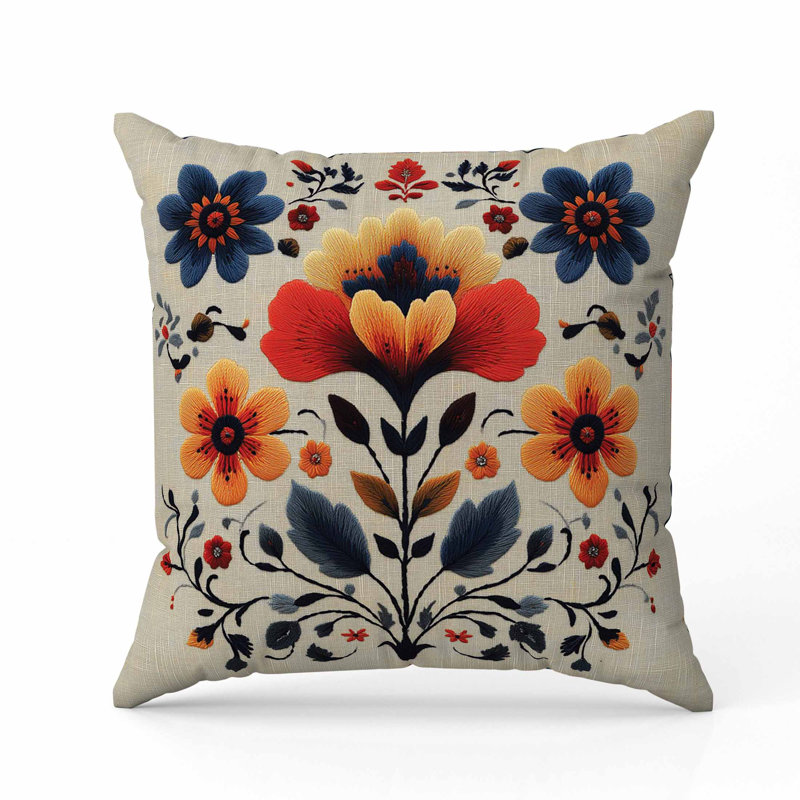 Oreiller en faux suède Rajasthan Bloom, Carré 16 po, Bleu / beige / orange