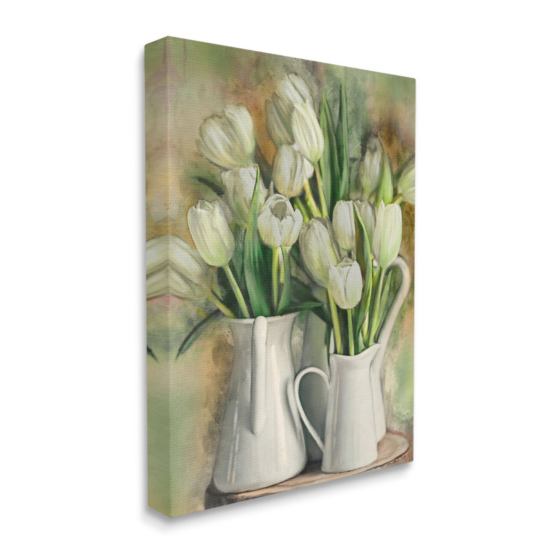 Tulipes blanches dans les charmants pichets campagnards par Ziwei Li - Peinture, H 20 po x l 16 po, Toile tendue