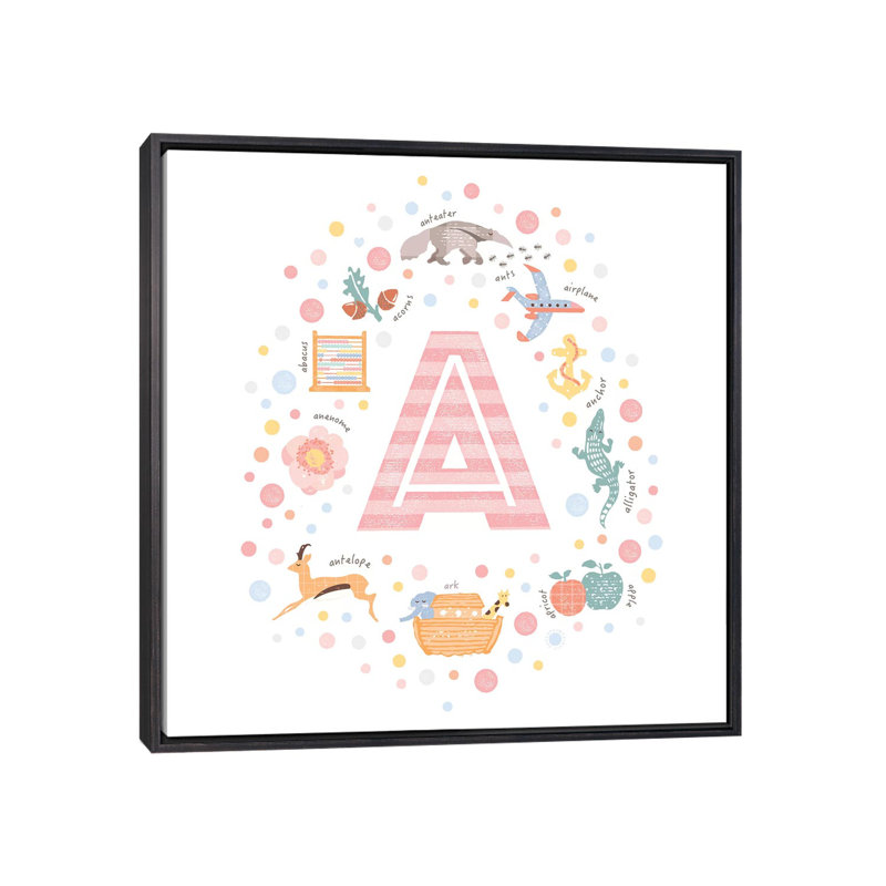 Lettre illustrée A - rose, Pas de tapis, Toile avec cadre noir patiné, H 37 po x l 37 po x P 1,5 po
