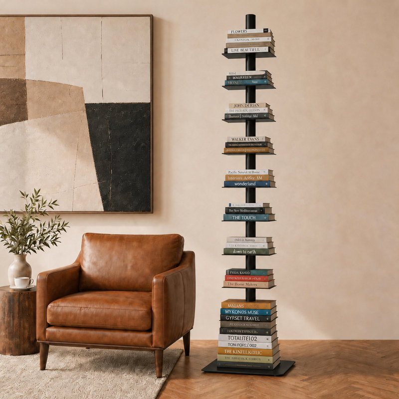 9 Tier Bookshelf, Vertical Corner Shelf With Modern Invisible Spine Ladder, Black