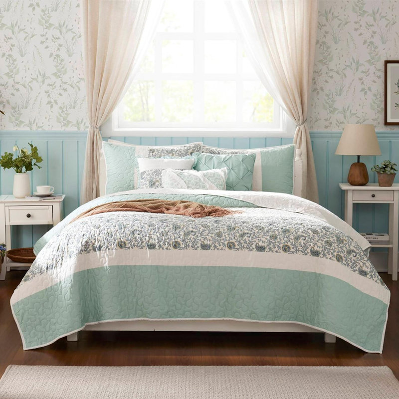 Ensemble de courtepointe en coton 6 pièces, Turquoise, King Quilt + 5 Additional Pieces