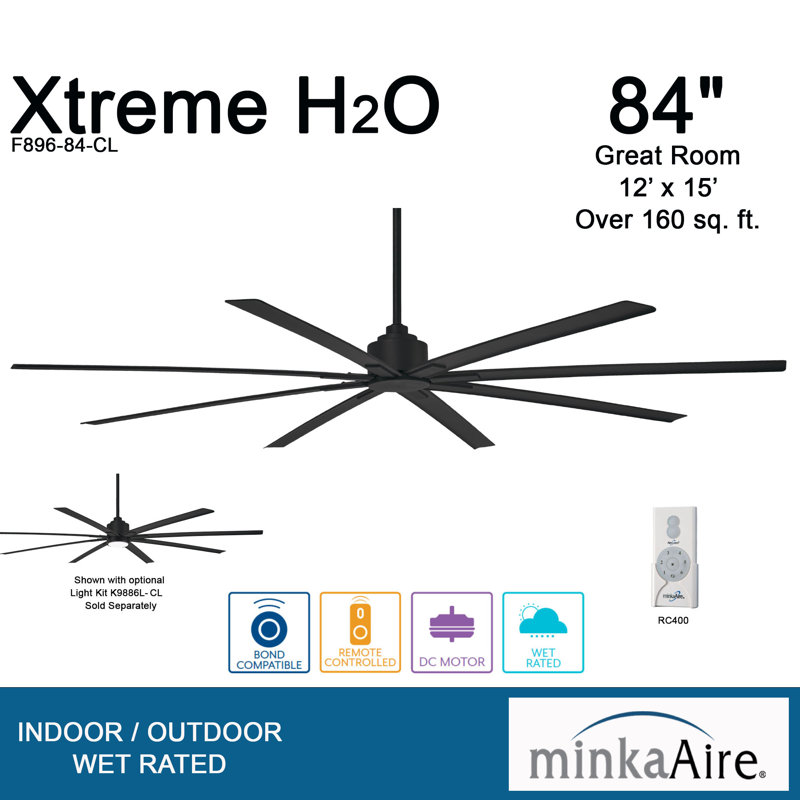 84" Xtreme 8 - Blade Outdoor Standard Ceiling Fan with Remote Control, Coal