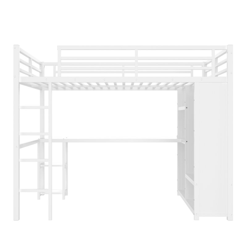 Queen Size Metal Loft Bed Frame with Desk, Built-in Wardrobe and Storage Shelves, Space-Saving High Loft Bed, White