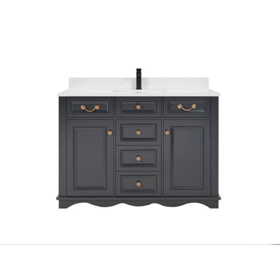 Meuble-lavabo simple 48 po en bois massif avec plateau en marbre d'ingénierie de 1 po