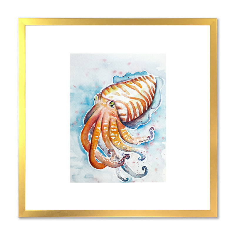 Aquarelle, seiche, art, H 36 po x l 36 po x P 1,5 po, Toile encadrée dorée