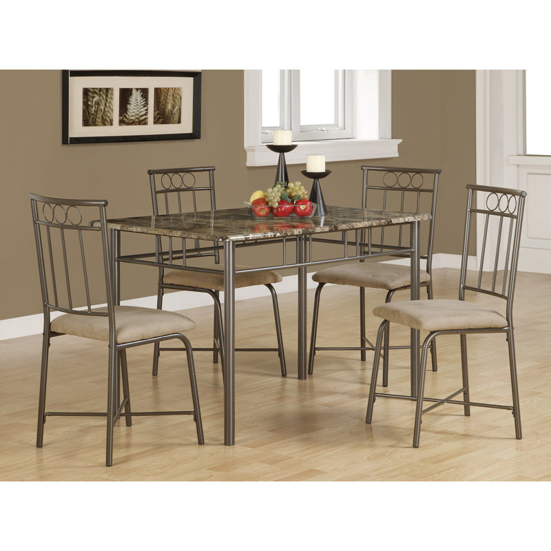 Janice 5 Piece Dining Table Set, Rectangular Top, 4 Chairs, Metal