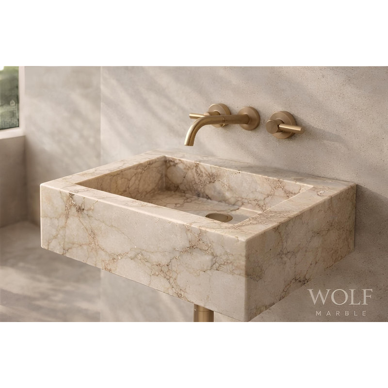 Lavabo mural en marbre sculpté Afyon, 24 po x 14 po x 6 po