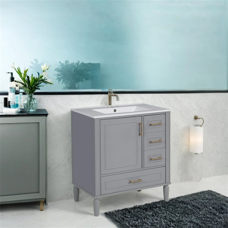[Meuble-lavabo moderne de 30 po avec lavabo en céramique] Porte à fermeture en douceur et tablette intégrée | Tiroir profond / standard / long | Rangement spacieux et conception fonctionnelle