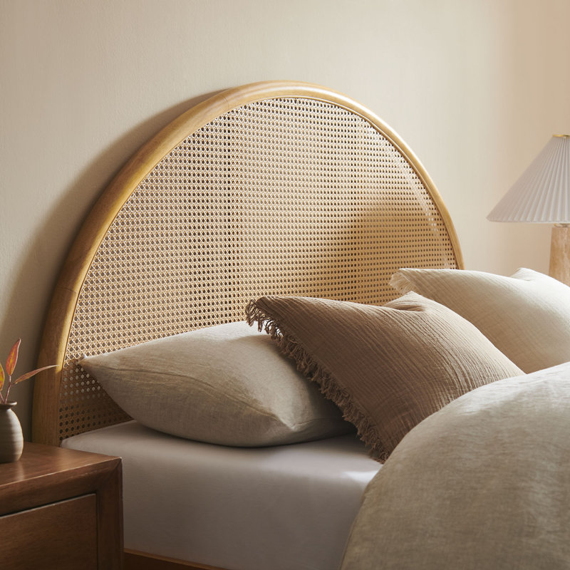 Odette Queen Oak Wood Platform Bed with Rattan Cane Headboard