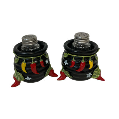 Polyresin Pot of Chili Peppers Southwestern Desert Salt and Pepper Shaker Holder Set