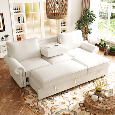 95" Convertible Sleeper Sofa With Storage Chaise | Drop-arm Console & 2 Cup Holders | Easy-clean Fabric On Solid Wood Frame | Modern Beige Living Room Sectional