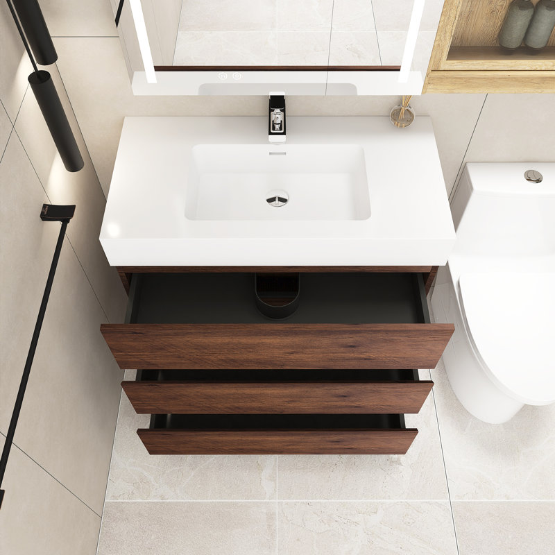 Ensemble de meuble-lavabo simple 35,8 po avec surface solide Rahoul, Blanc, Brun