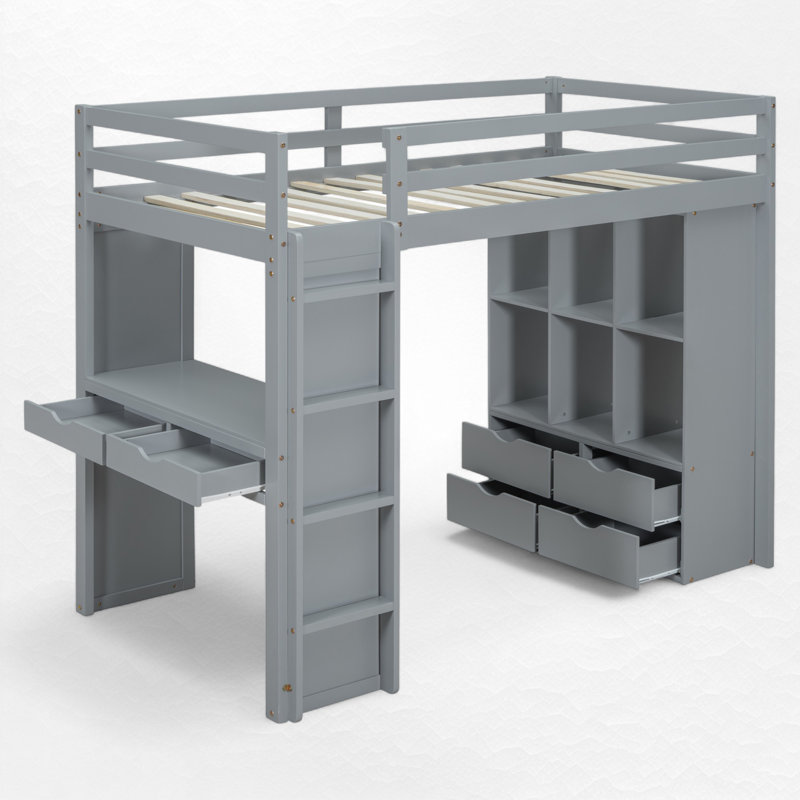 Lit mezzanine avec bureau intégré et rangement, Gris, Simple