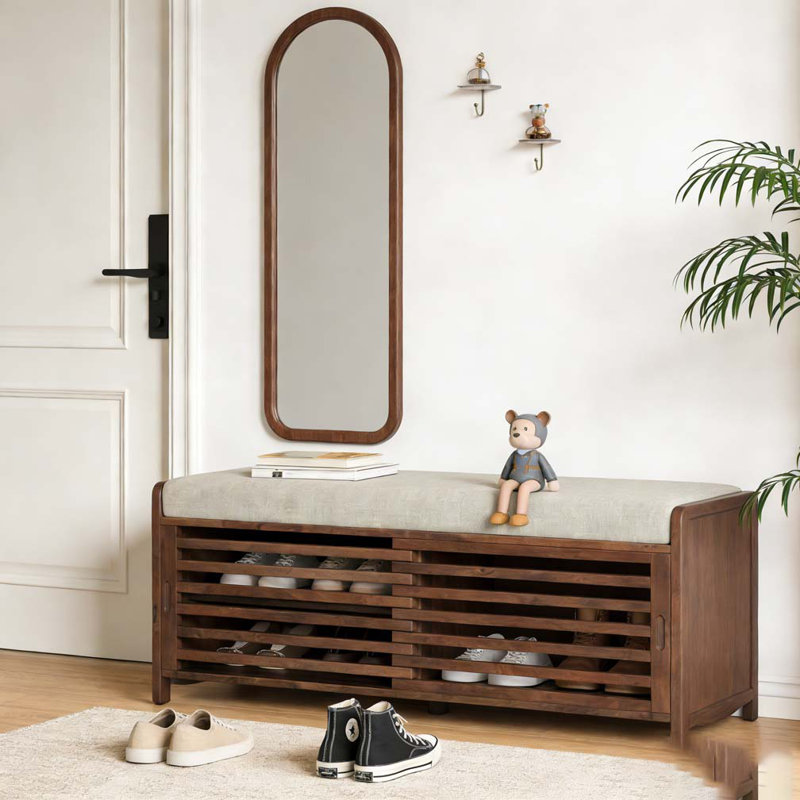 Banc à chaussures avec rangement et coussin, banc de rangement à volets vieillis avec charme rétro, Espresso