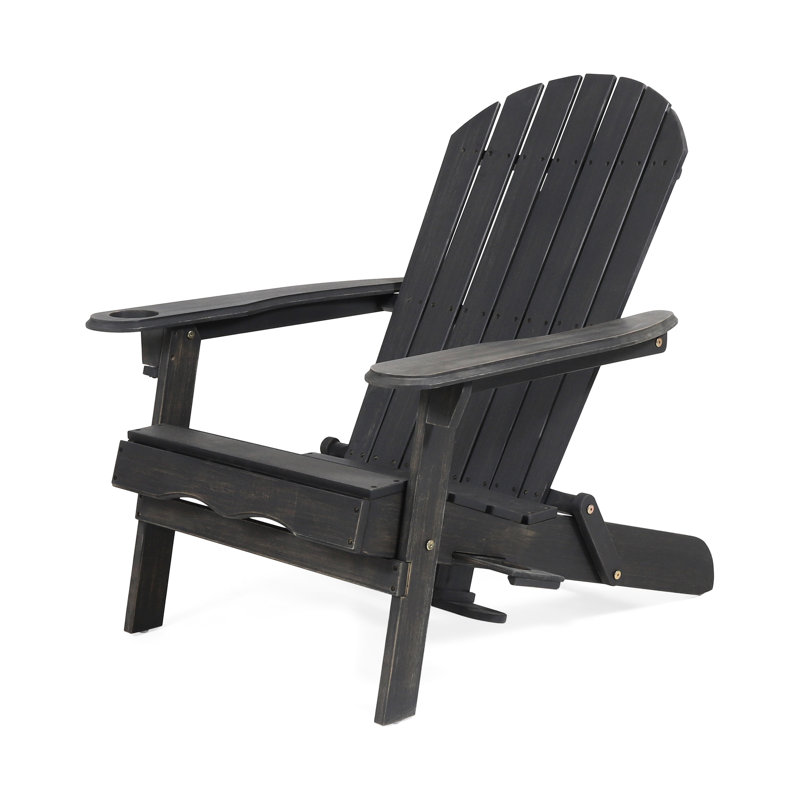 Rustic Chair In Dark Grey Wood With Cup Holders & Folding Feature, 34.65 In. H, 35.21 W, 30.84 D, 21.74 Lb, For Backyard Deck Patio Wooden Design Holder Poolside